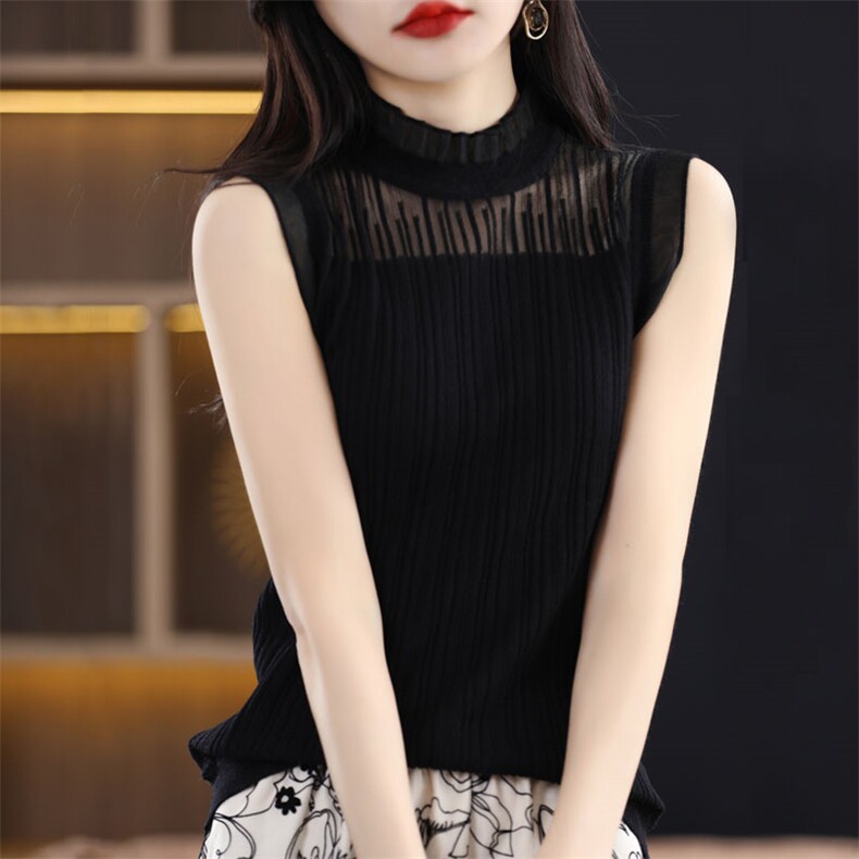 法式时尚花边领背心女秋季网纱半高领打底衫假领蕾丝内搭无袖上衣,女装背心吊带,暖烁羊绒