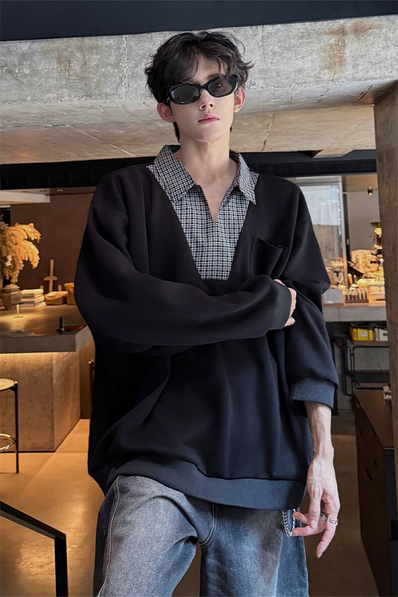 WY10153-特P48控88小众撞色面料拼接格子假两件大码男宽松卫衣,男装卫衣,电商A059