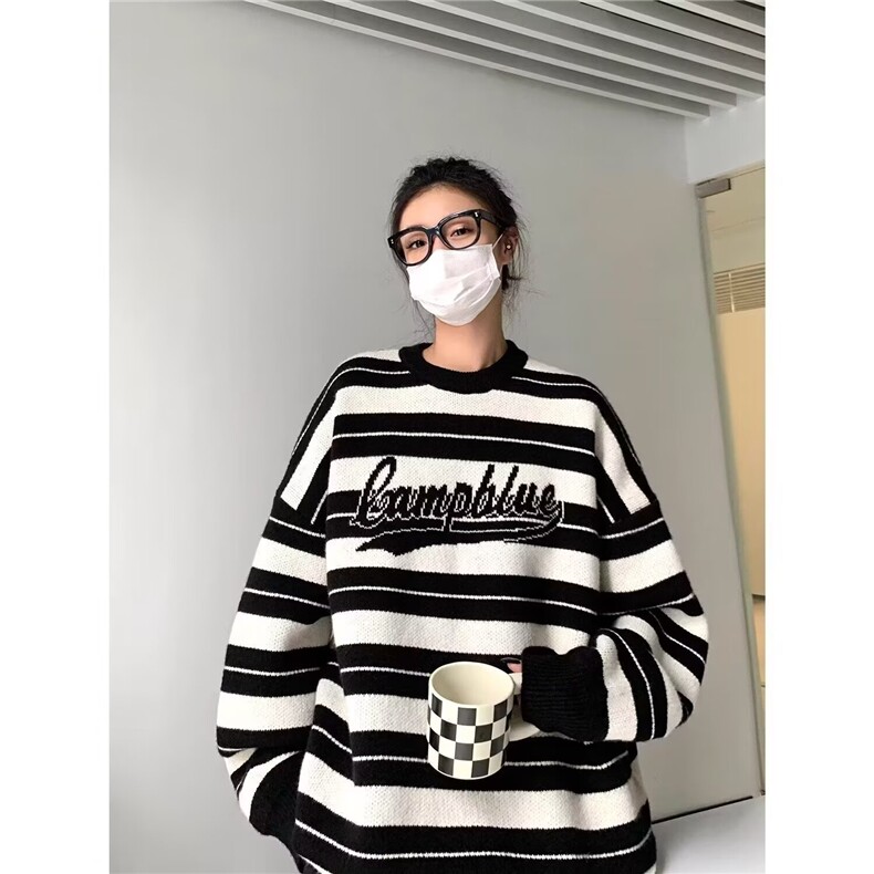 2319-P45早秋装条纹卫衣女2025新款春秋季韩版宽松大码慵懒风,男装卫衣,电商B323A