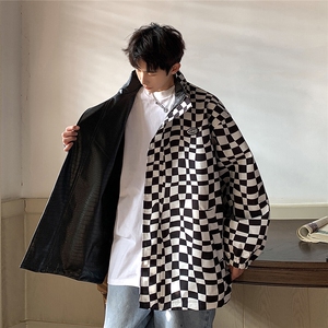 1港风两面穿夹克男大码格子PU皮鳄鱼纹皮衣男外套JK8753P110控149图片