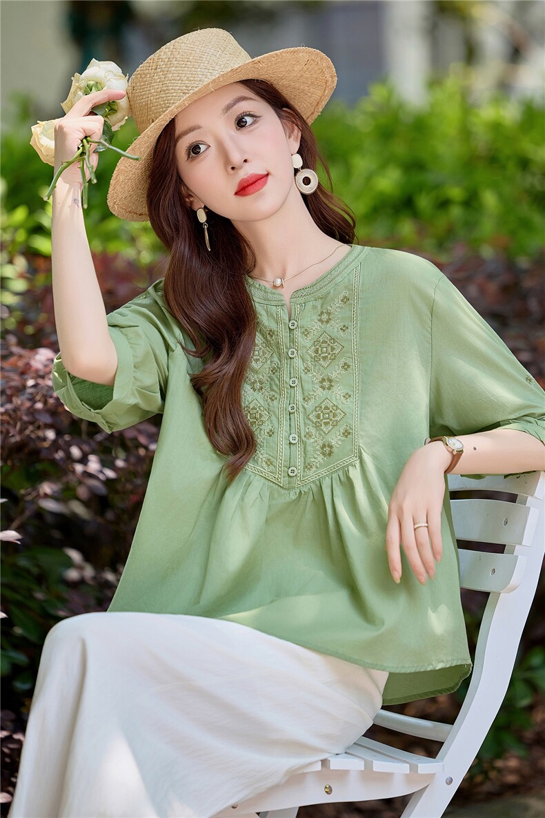 文艺复古名族风刺绣衬衫女2025夏季宽松遮肚显瘦薄款中袖衬衣小衫,女装衬衫,慕依路