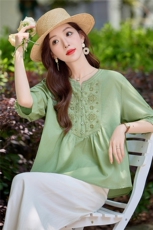 文艺复古名族风刺绣衬衫女2025夏季宽松遮肚显瘦薄款中袖衬衣小衫，女装衬衫，慕依路