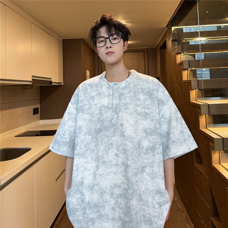 T5028/特P30夏季新款个性亨利领扎染短袖T恤男美式高街潮t恤上衣,男装T恤,电商A141