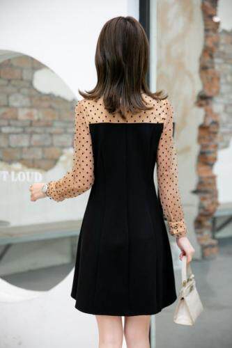 2021春款波点拼接欧根纱假两件收腰连衣裙，女装连衣裙，衣佳佰分