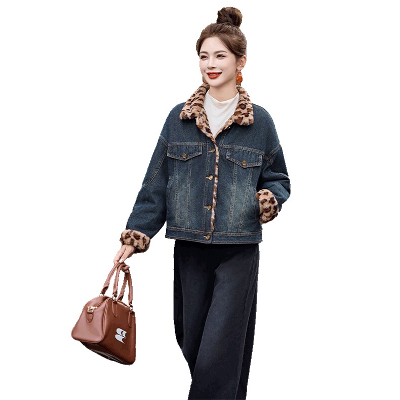 牛仔拼接豹纹皮毛一体外套女2024冬新款小个子加厚超好看显瘦棉服,女装牛仔外套,江南女神