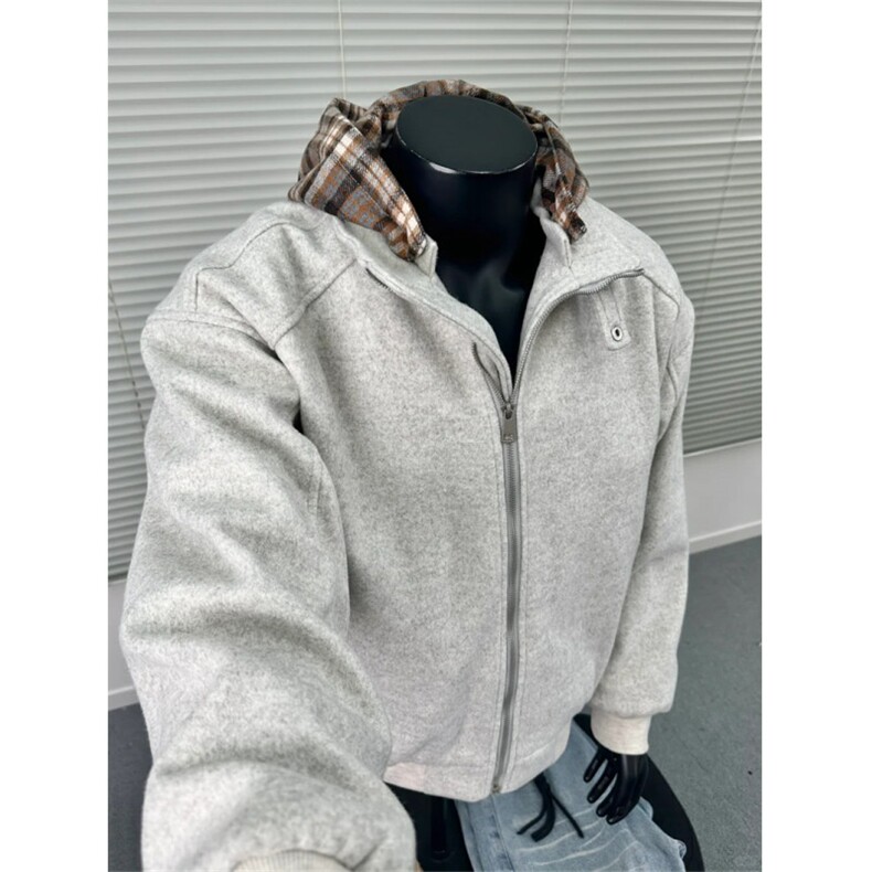 现货！10%羊毛假两件格子连帽毛呢棉衣1005-CHYWT02-P108，男装棉衣，星座1005
