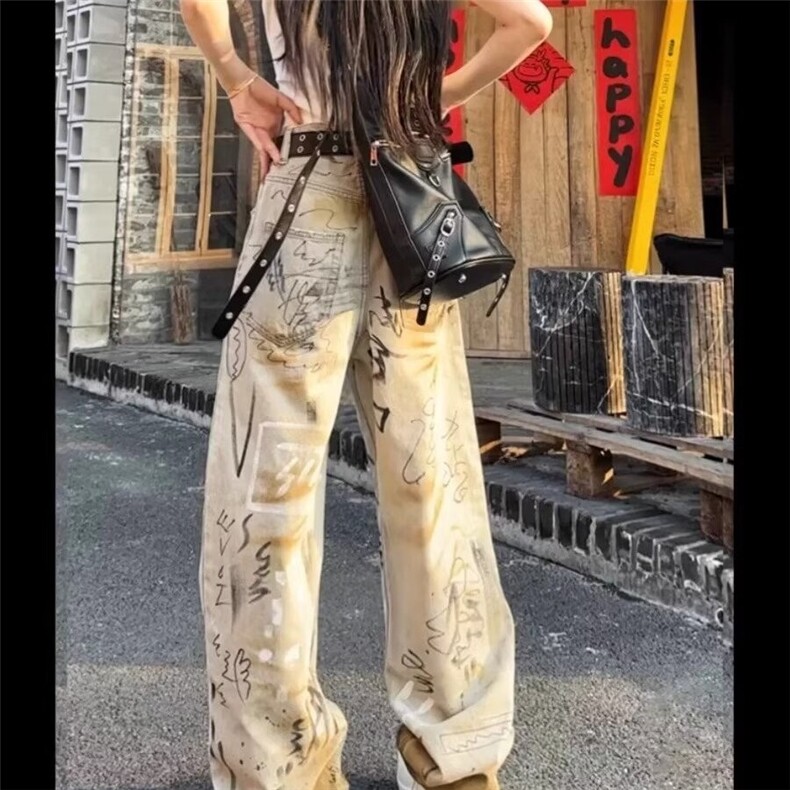 涂鸦春秋小众设计感休闲裤男女街头嘻哈牛仔裤网图NZK9036P55有货,男装牛仔裤,星座302B-2