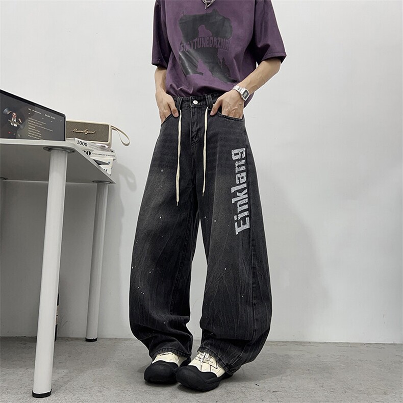 美式水洗印花牛仔裤男女嘻哈宽松复古阔腿裤子弯刀裤NZ0158-P52,男装牛仔裤,星座308B-1