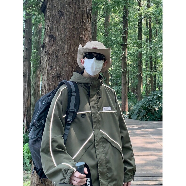 秋冬季新款反光条冲锋衣男士潮流户外登山服连帽工装夹克外套,男装夹克,星座410-7