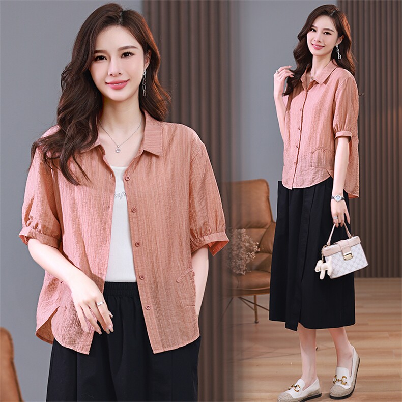 2023年夏设计师新款时尚气质优雅休闲减龄修身透气女神短袖衬衣，女装衬衫，木子恋