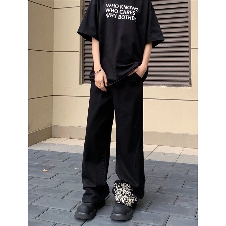 美式黑色牛仔裤男刺绣裤脚廓形Cleanfit宽松休闲直筒裤X2633,男装牛仔裤,星座208-5