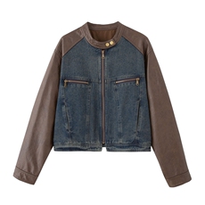 美式复古棕色皮衣拼接牛仔外套女春秋季2024新款休闲短款夹克上衣，女装皮衣，莜菲儿