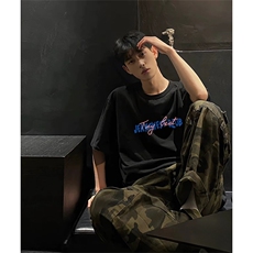 抖音得物210克现货宽松纯棉美式潮牌印花落肩袖纯棉T恤AT21120，男装T恤，电商A443