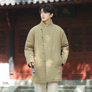 风棉衣加长新款大衣男立领中式麻棉保暖外套复古棉服1219p198