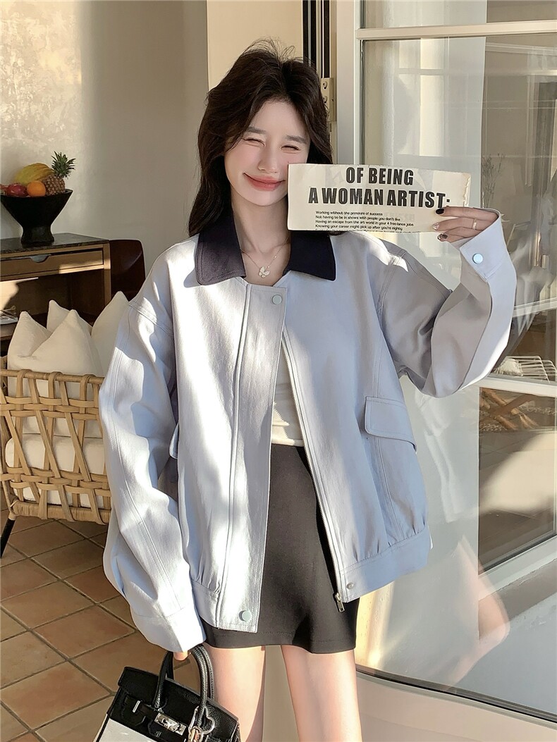 2026春装新款浅蓝色小清新夹克外套可脱卸领子韩版上衣女,女装短外套,时尚风爆