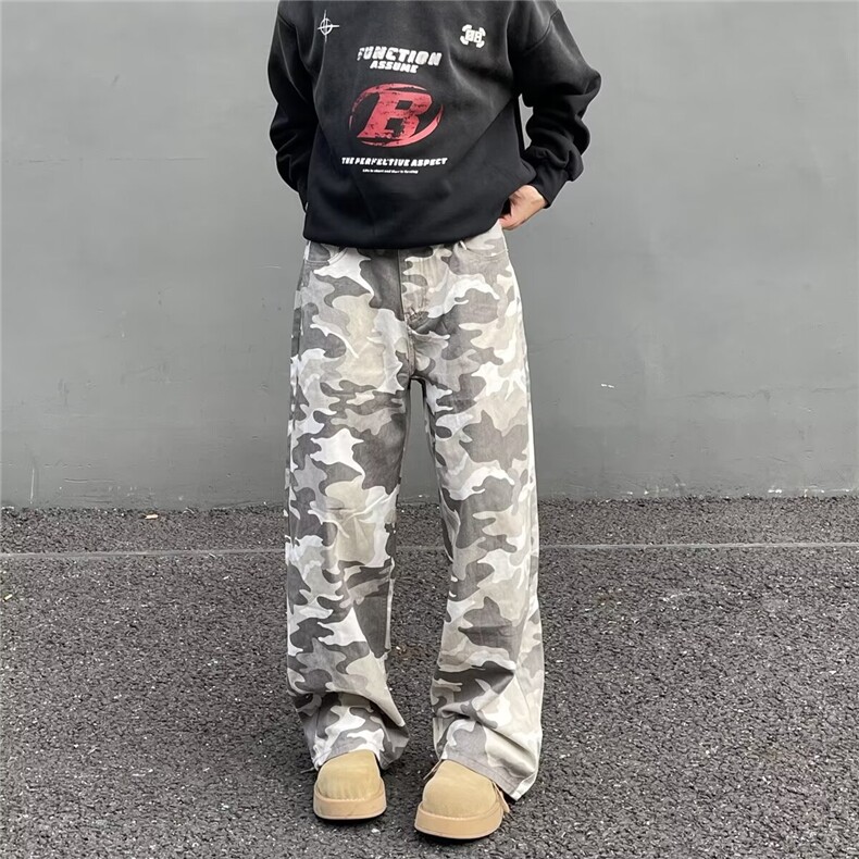 美式vintage街头风灰白迷彩工装裤男宽松直筒vibe风拖地裤,男装牛仔裤,星座506A
