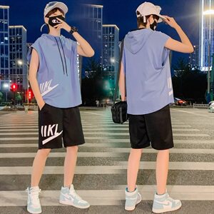夏季情侣装青少年纯棉宽松无袖T恤连帽运动背心套装男 TZ267-P60图片