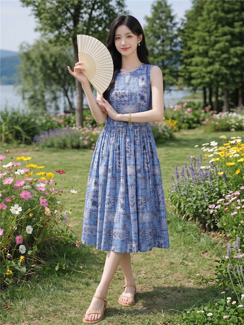 蓝色印花无袖宽松版时尚学院风连衣裙,女装连衣裙,水衣源