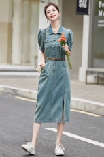复古开叉牛仔短袖连衣裙女2025夏季新款小个子收腰中长裙，女装连衣裙，瑶迪依秀