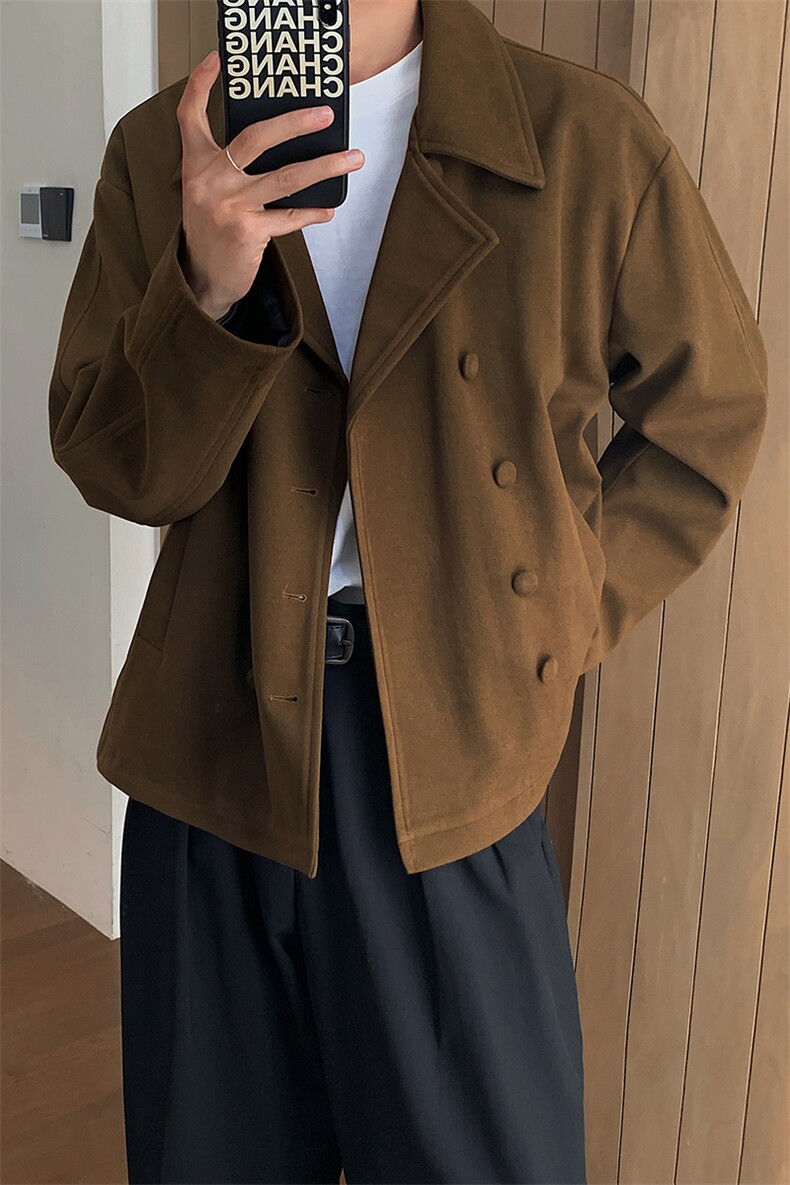 落肩袖双排扣翻领短款毛呢大衣男妮子夹克风衣外套-F2478-P105,男装风衣,电商B289