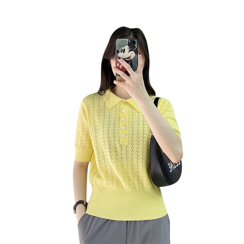 2023法式气质POLO领针织衫女夏季新款百搭钩花纯棉线短袖女韩版,针织衫/毛衣,鹏源羊绒