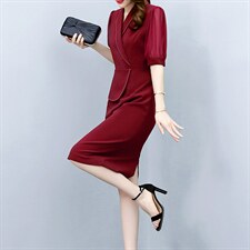 现货2022夏季新款长丝缎纯色时尚修身显瘦气质包臀中袖连衣裙，女装连衣裙，众宇琦