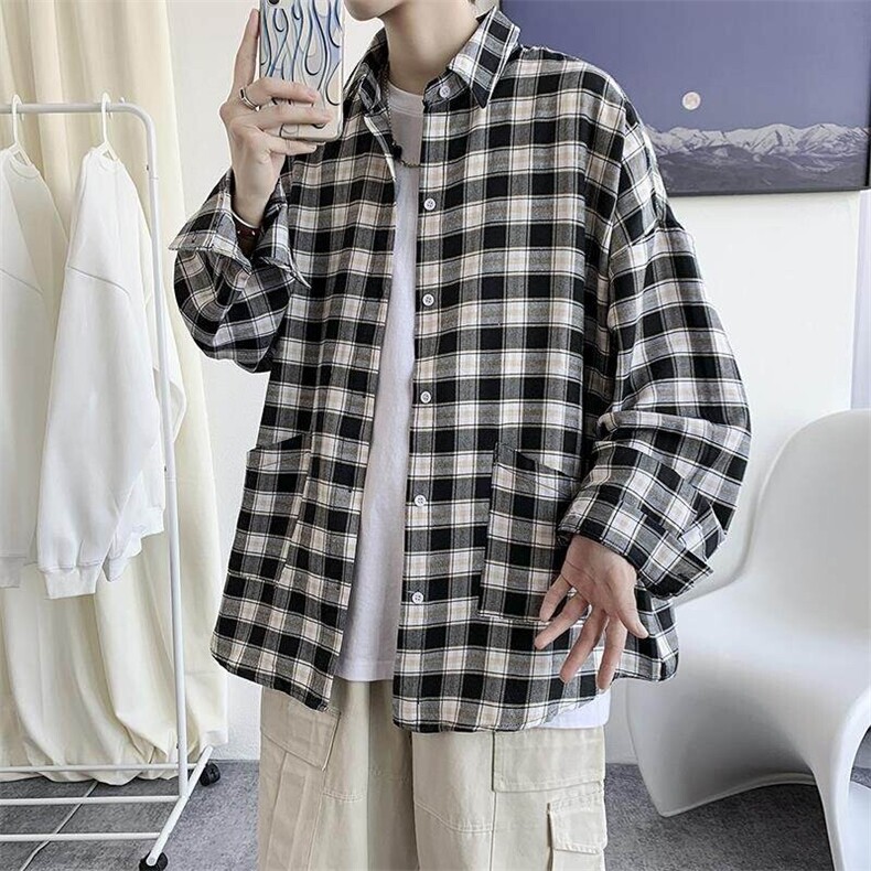 春夏格子长袖薄衬衫男女港风复古休闲外套韩版慵懒风H211/P45,男装衬衫,电商A221A