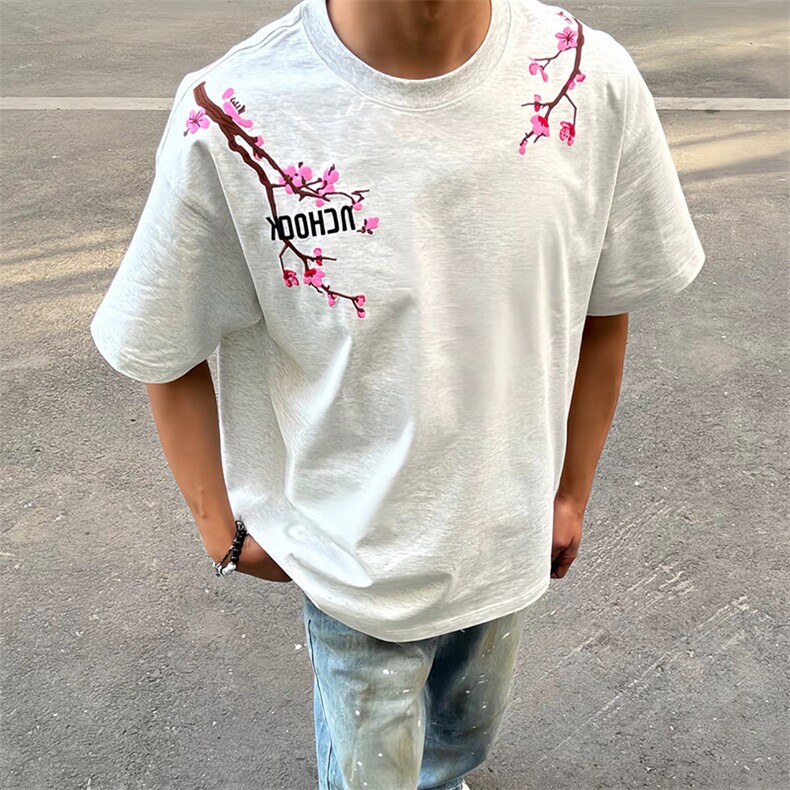 万针全刺绣工艺抖音得物高品质260克重磅纯棉双纱美式高街短袖T恤,男装T恤,电商A486