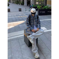 CS301-P35美式潮牌蓝色长袖格子衬衫男女生宽松百搭复古休闲，男装T恤，电商B323A