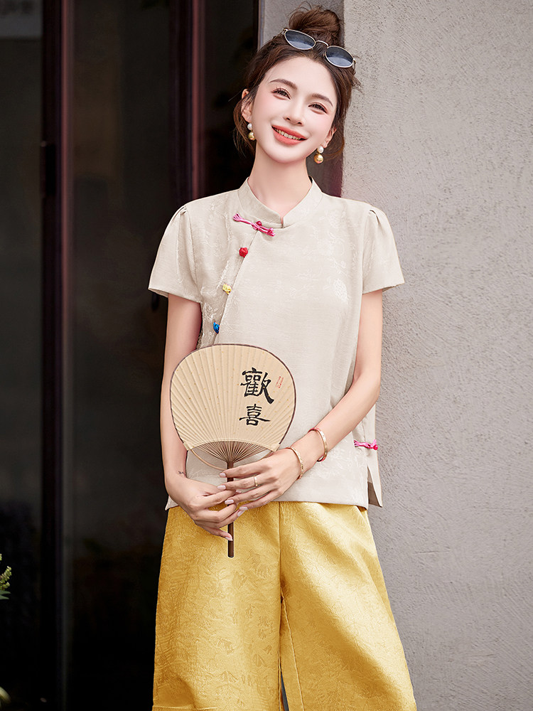 绝美巨好看新中式国风套装女夏高级感小个子洋气显瘦阔腿裤两件套,女装套装/套裙,仟媚宠