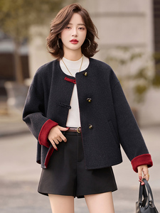 小个子双面羊毛呢大衣女2025秋冬新款气质短款拼色圆领呢子外套图片