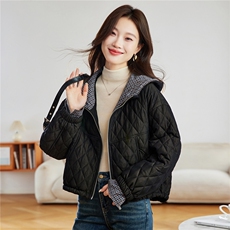 2025年冬季格子撞色连帽菱形格夹棉棉服短外套棉衣，女装棉衣/棉服，简韵佳