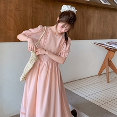 粉色木耳边拼接连衣裙女2025夏季新款小个子甜美减龄泡泡袖A字裙，女装连衣裙，2C317A