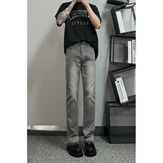 美式hiphop烟灰色毛边修身直筒显瘦牛仔裤痞帅高街，男装牛仔裤，星座310A-4