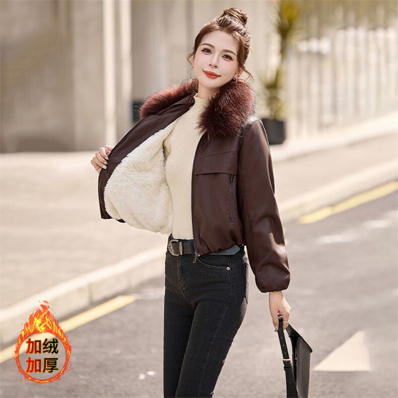 安可拉红加绒加厚短款皮衣外套女款2024冬季新款真毛领皮棉服夹克图片