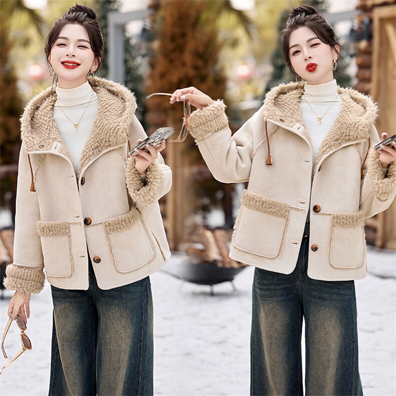 2025新款皮毛一体连帽休闲冬季外套,女装棉衣/棉服,奕可儿