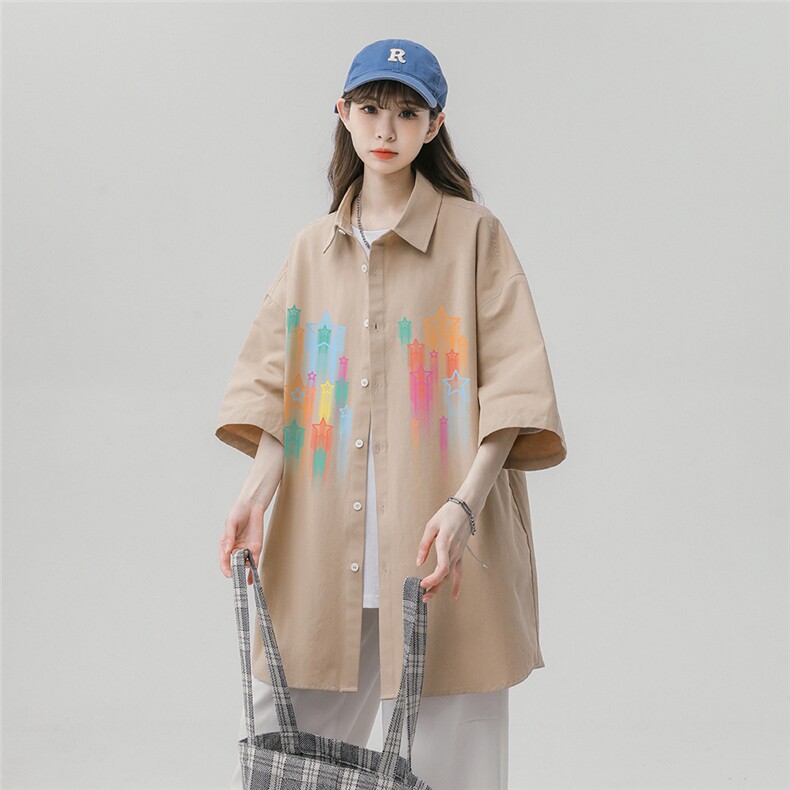 中性风新款美式夏季衬衫少女宽松潮流百搭衬衣外套S6205P35控48,男装衬衫,电商A268