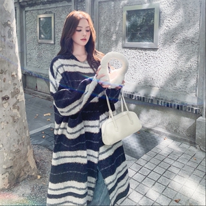 慵懒风复古条纹毛呢外套女2025秋冬新款韩系宽松百搭中长款呢大衣图片