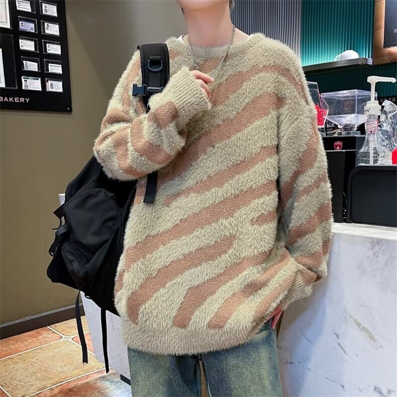 水貂绒斑马纹毛衣男冬季美式复古慵懒风针织衫加厚保暖高级感外套,男装针织衫/毛衣,星座410-6（原星座1304-1）