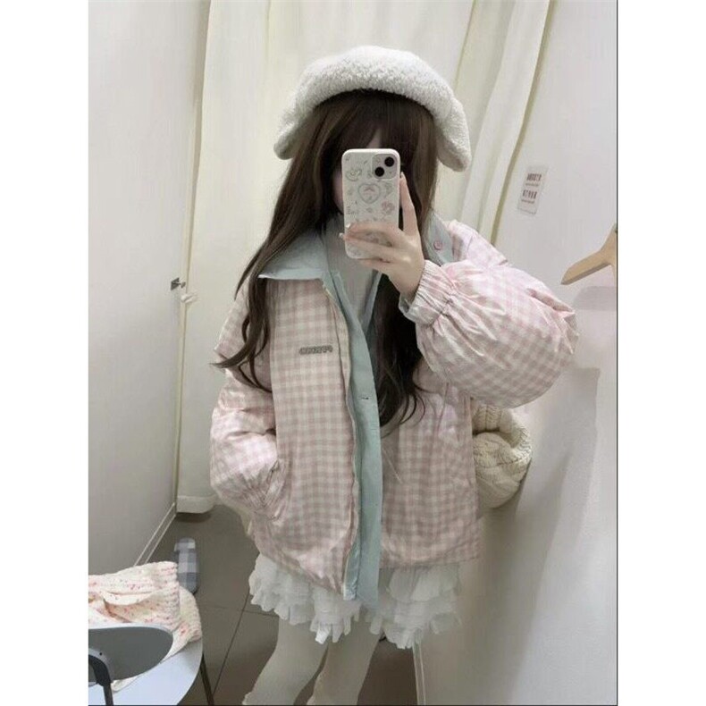 学院风撞色polo领双面穿棉服女冬季新款拼接格纹百搭保暖棉衣外套,男装夹克,星座506A