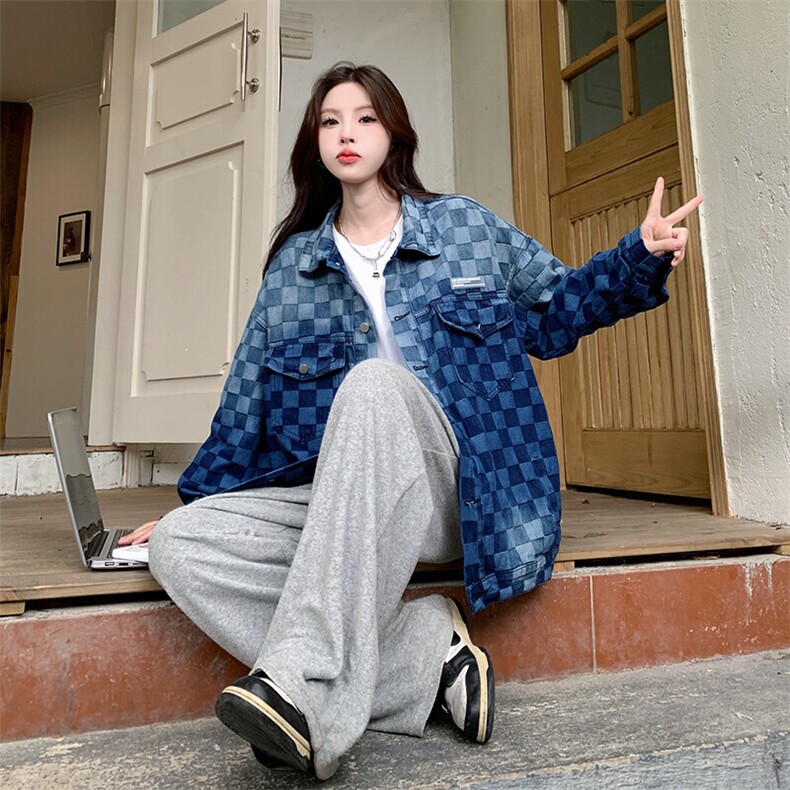 美式复古格子牛仔外套潮ins原宿港风春秋设计感小众扎染NZ007-85,男装工装外套,星座911-3