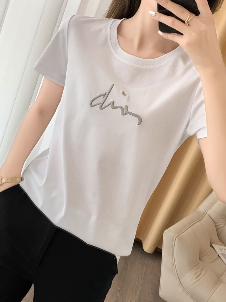 丝光棉烫钻烫画刺绣短袖t恤女夏季新款韩版宽松显瘦百搭圆领上衣,女装T恤,元素羊绒