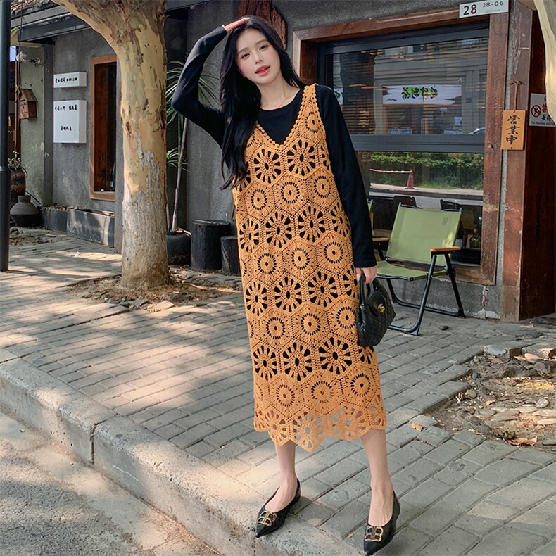 新款镂空连衣裙套装显瘦气质打底裙，女装连衣裙，新思路