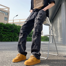 高街重工牛仔裤设计感拉链破洞vibe风潮流直筒裤子男N06038-P50，男装牛仔裤，星座308B-1