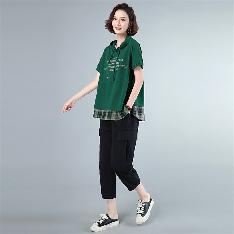 时尚格纹拼接宽松上衣套装裤显瘦百搭休闲两件套,女装套装/套裙,依恋蒂丝