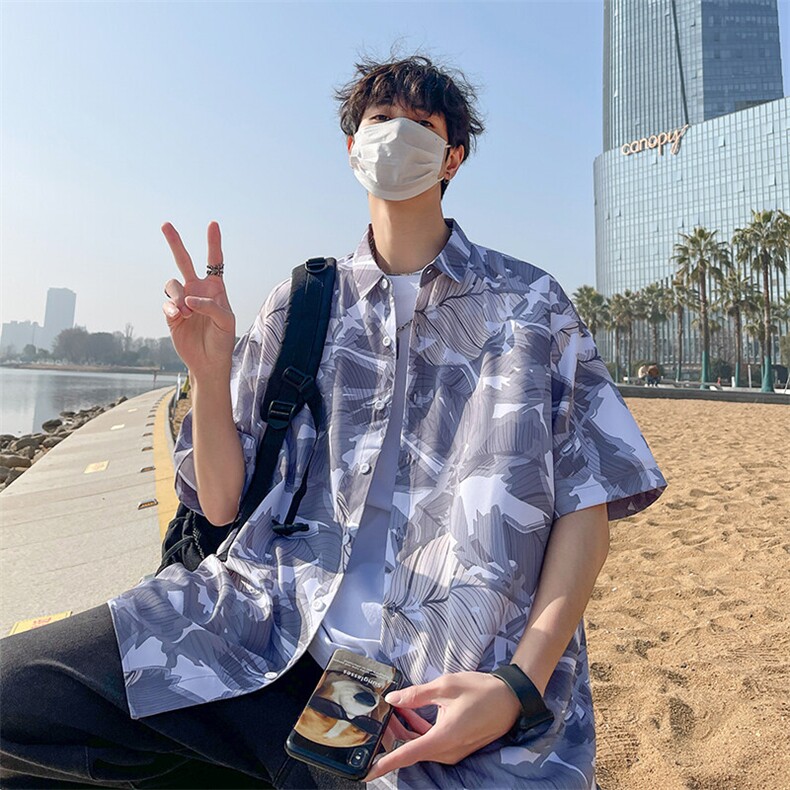 精品花衬衫男短袖夏季痞帅休闲上衣服外套翻领大码衬衣A012/P35,男装衬衫,电商A012