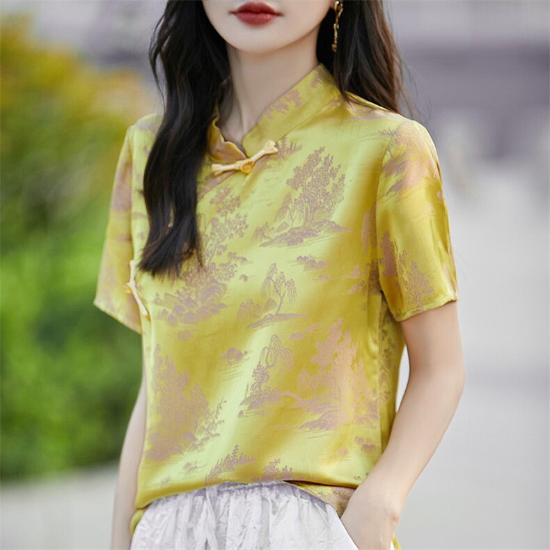 新中式国风改良短袖衬衣女高端缎面轻奢复古盘扣斜襟领衬衫上衣,女装T恤,佳绒高端店