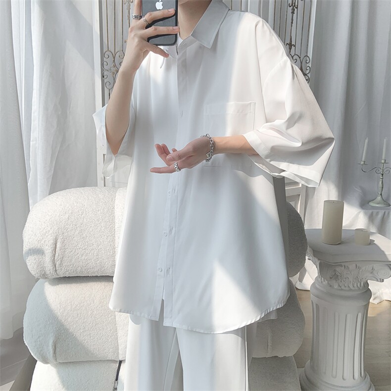 C6042/P35夏款2023新款港风冰丝克莱因蓝衬衣男开衩短袖衬衫控58,男装衬衫,电商A141