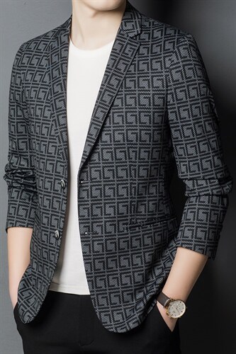 西服男秋季潮款休闲印花小西服上衣中年男士单西外套ASD2290-P180，男装西服，电商B212（原钱塘6029）