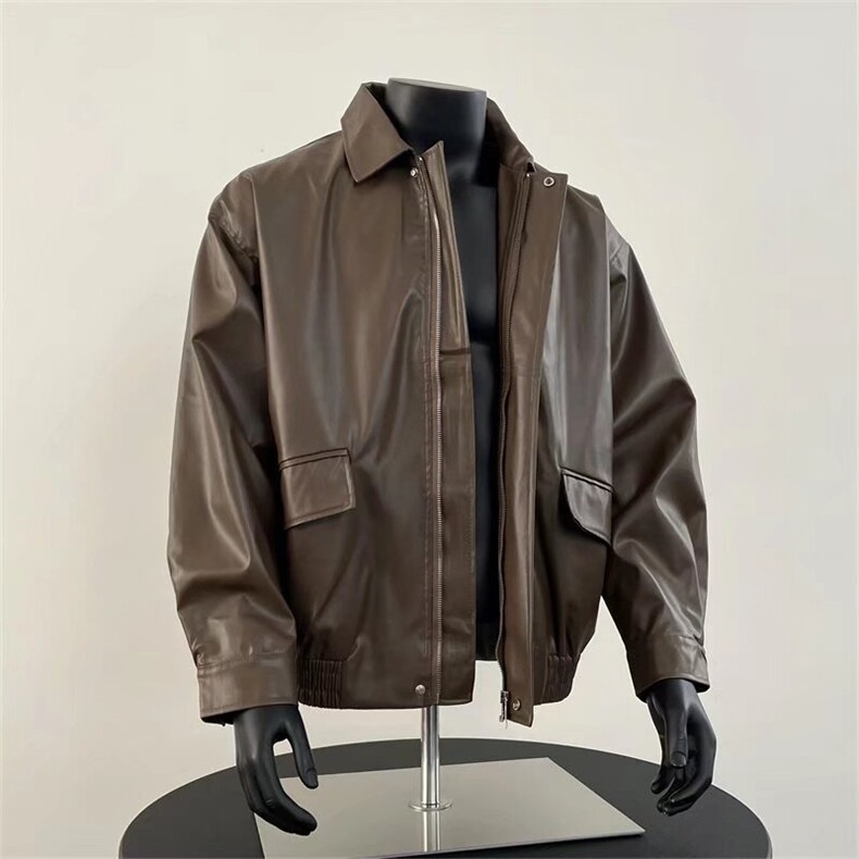 复古高级感翻领宽松短款欧美风飞行员夹克皮衣外套Y1014-P68，女装风衣，电商B245